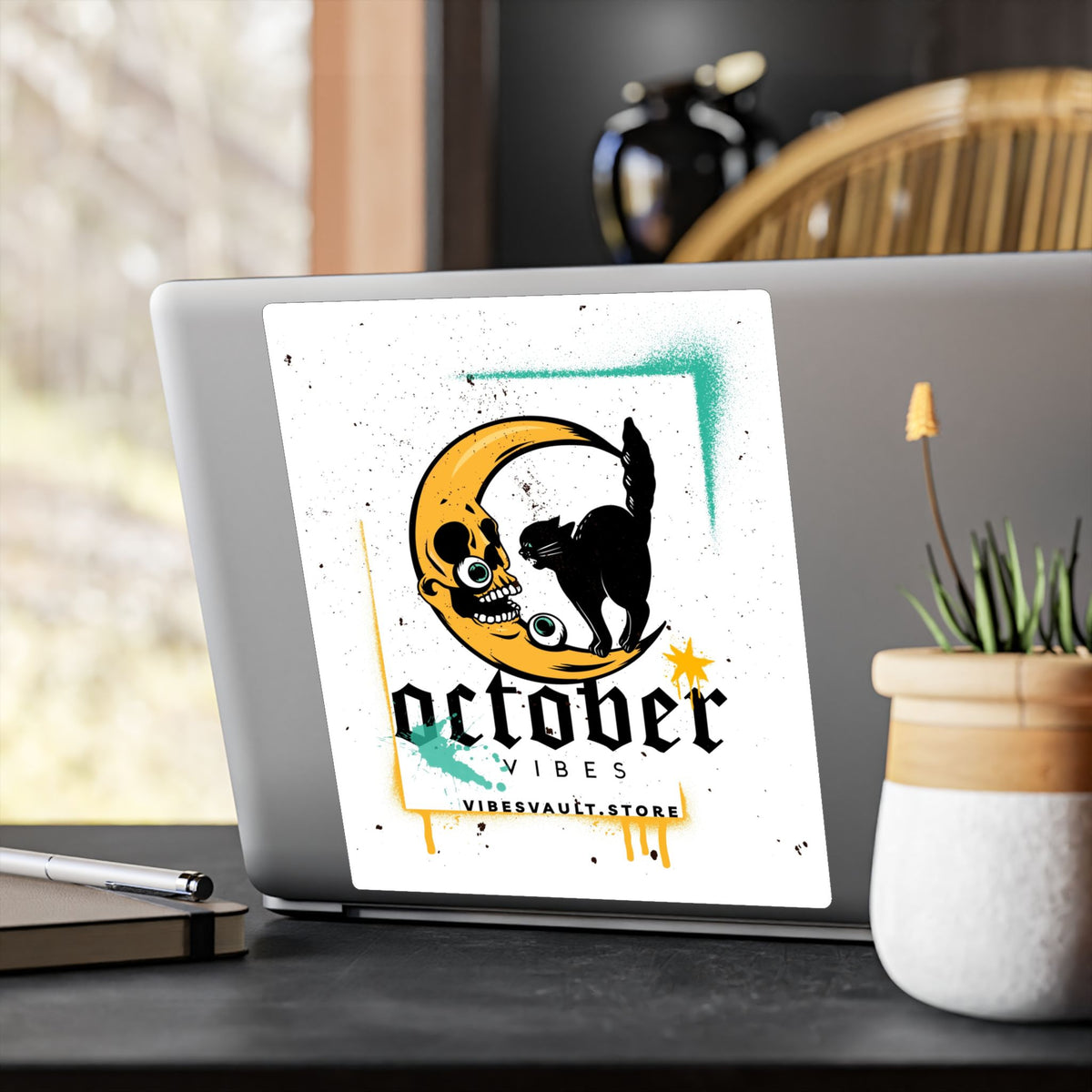 October Vibes Kiss-Cut Vinyl Sticker — Gothic Moon Cat Fall Decal— Halloween 2026
