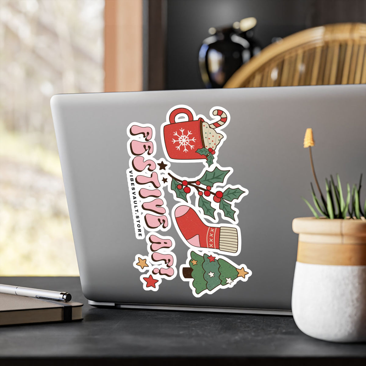 Christmas Sticker Festive AF — Holiday Kiss-Cut Vinyl Decals (Mug, Stocking, Holly & Tree)