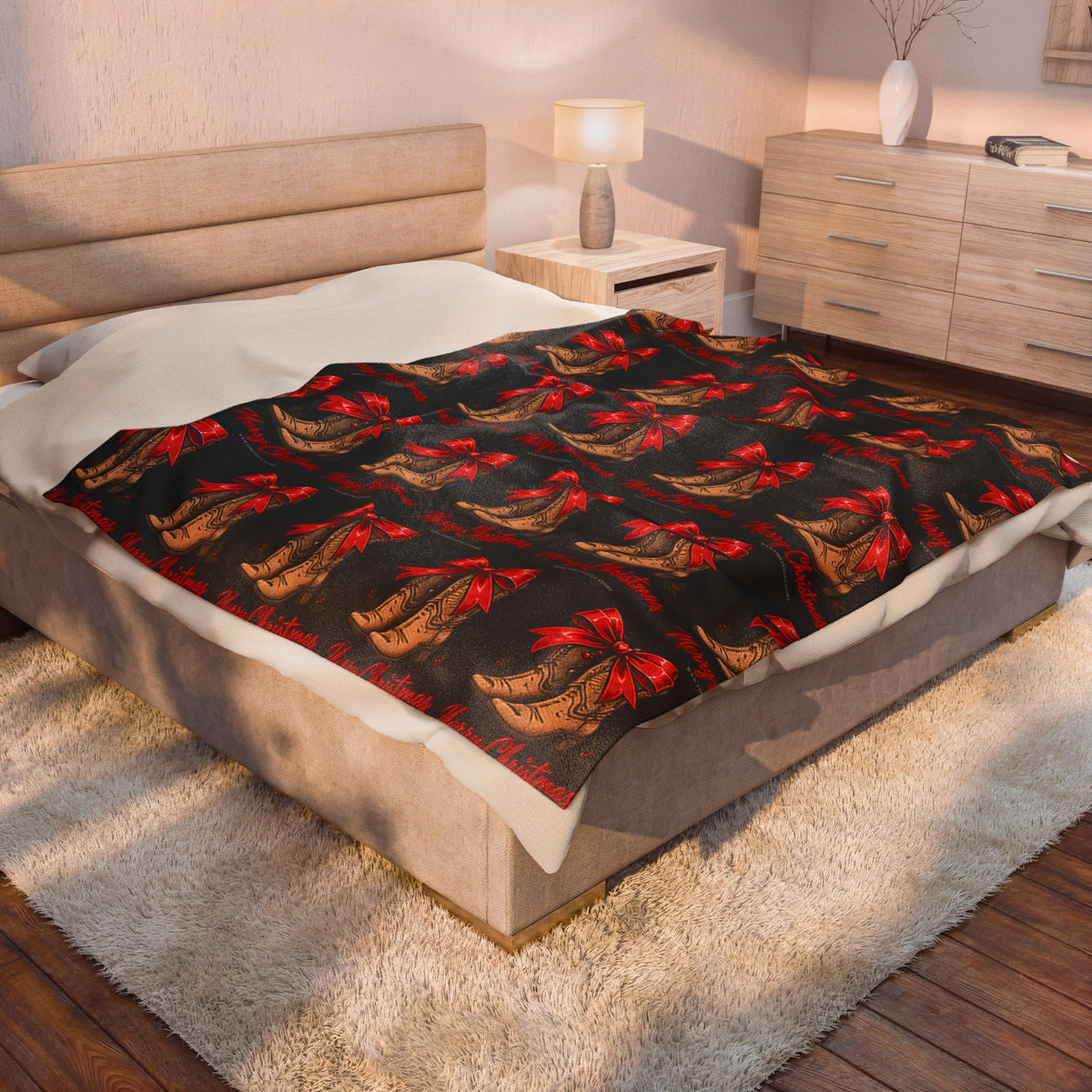 HOLIDAY Merry Christmas Boots Velveteen Plush Blanket