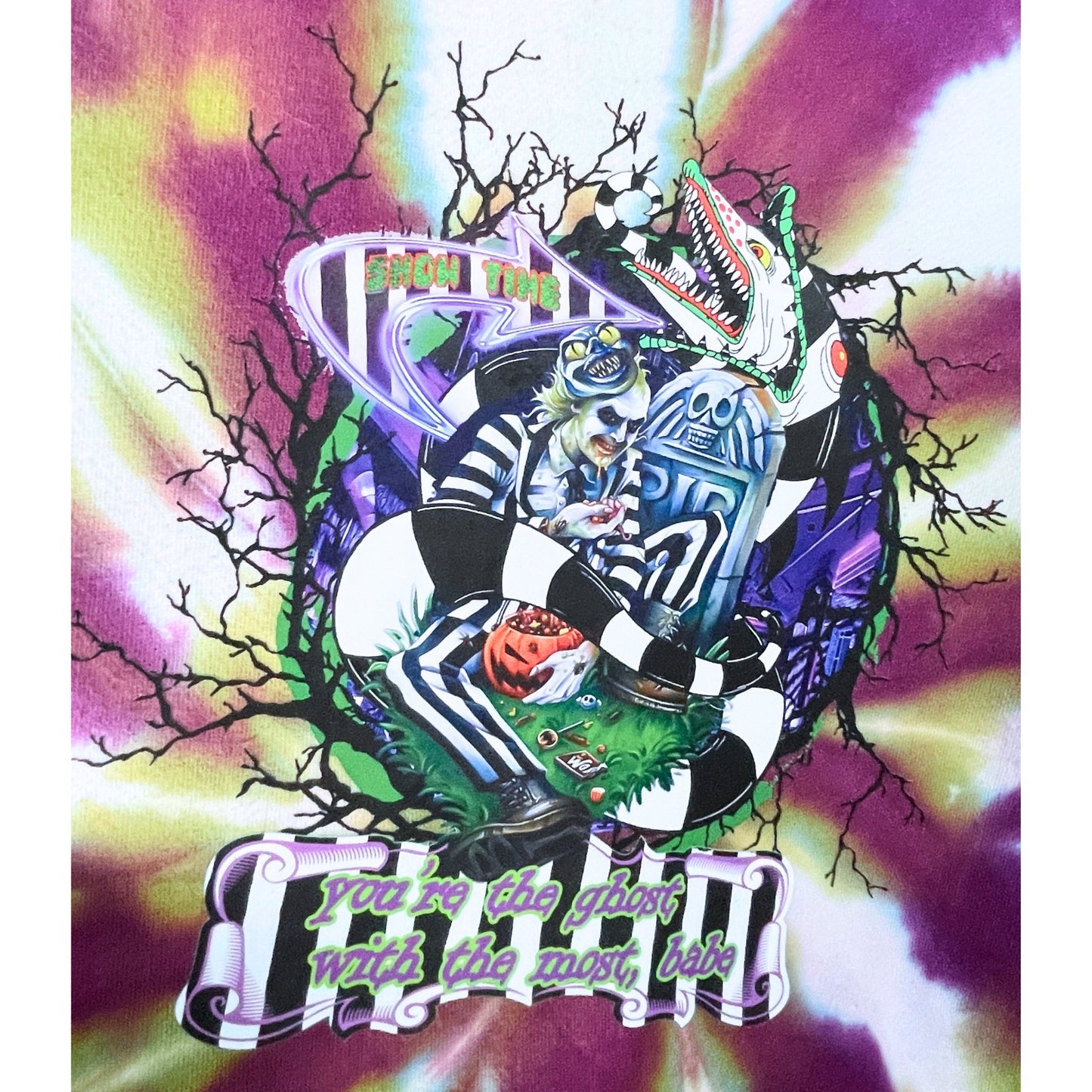 Tie-Dye Zip-Up Hoodie with Beetlejuice Inspired Graphic