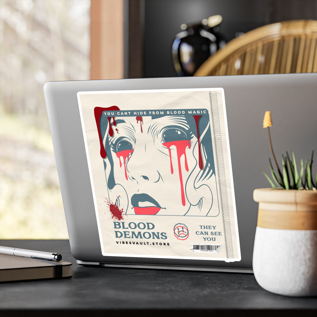 Blood Demons Kiss-Cut Vinyl Decal — Retro Horror Sticker ("You Can't Hide From Blood Magic") — Halloween 2026