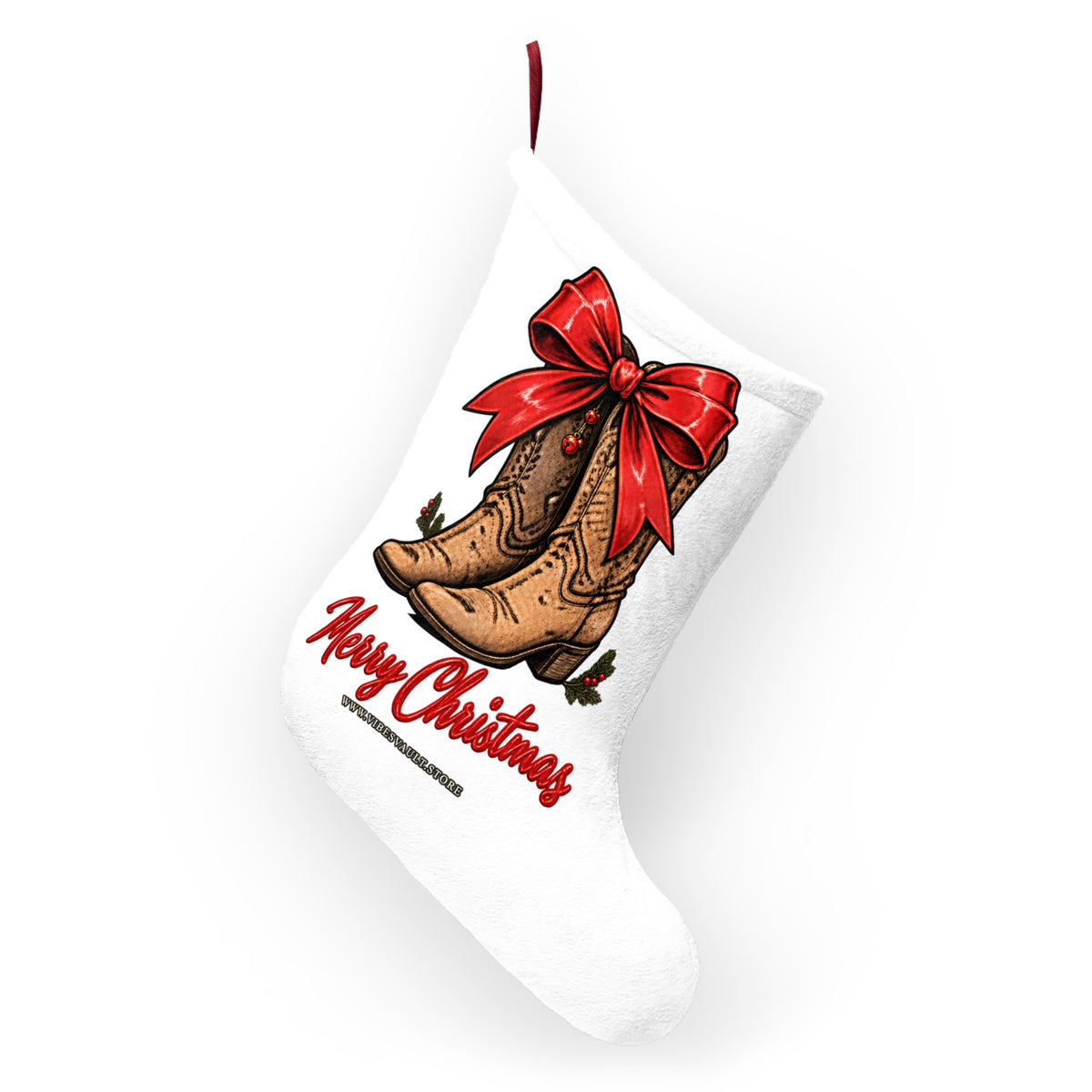 Christmas Stocking — Cowboy Boots with Red Bow "Merry Christmas"