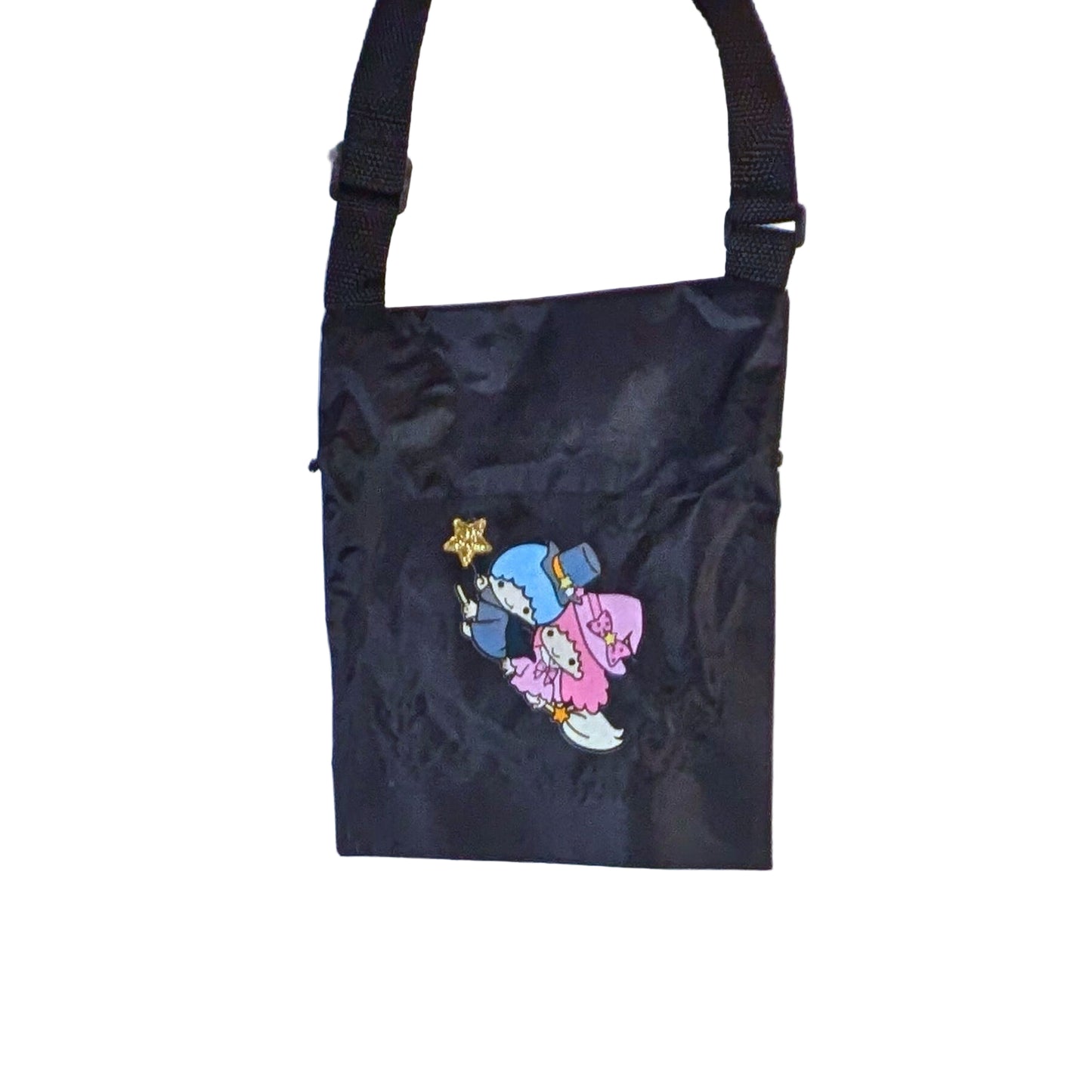 Zip-Close Crossbody Black Bag with Kawaii Twin Stars