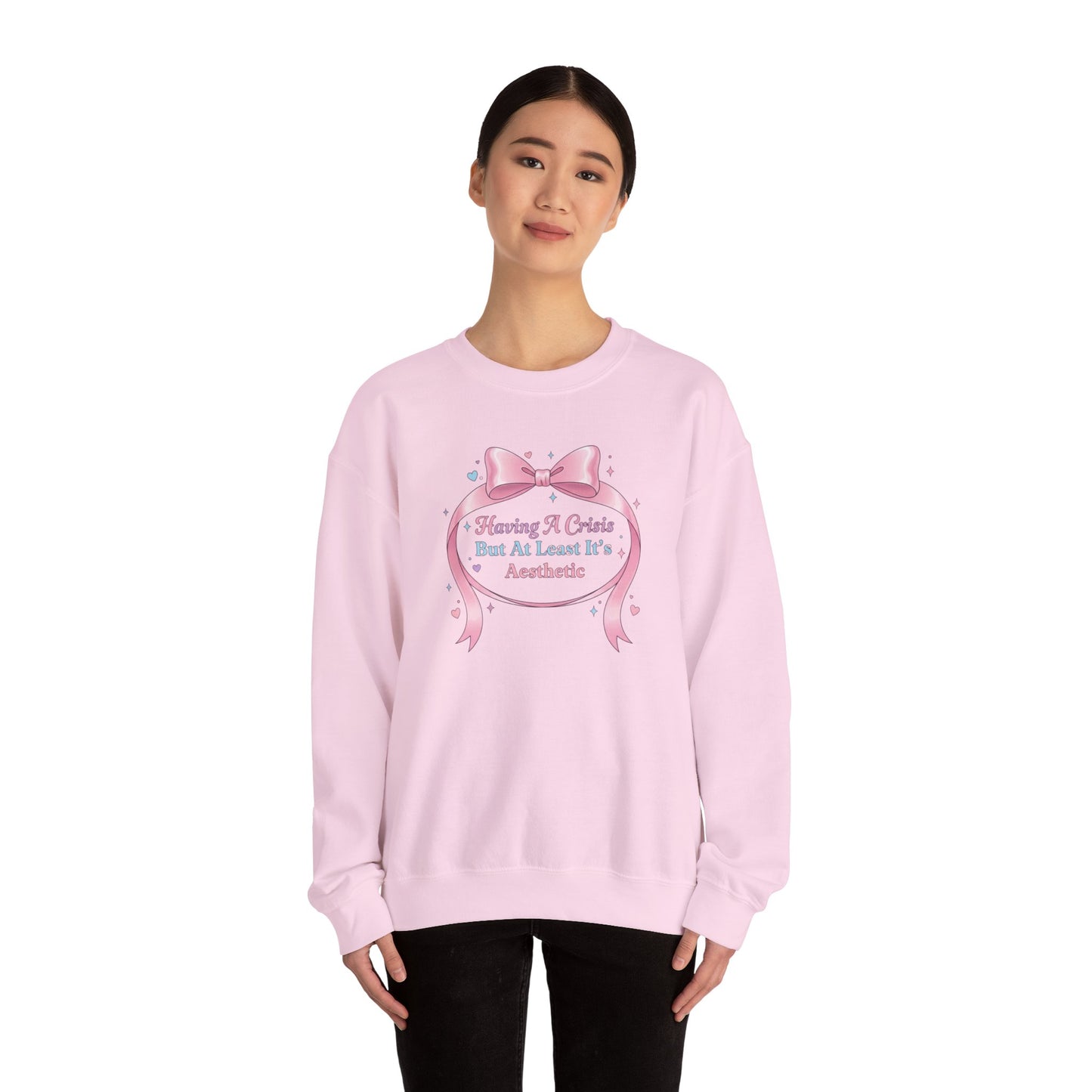 Having A Crisis But At Least It's Aesthetic Sweatshirt | coquette ribbon, pastel humor