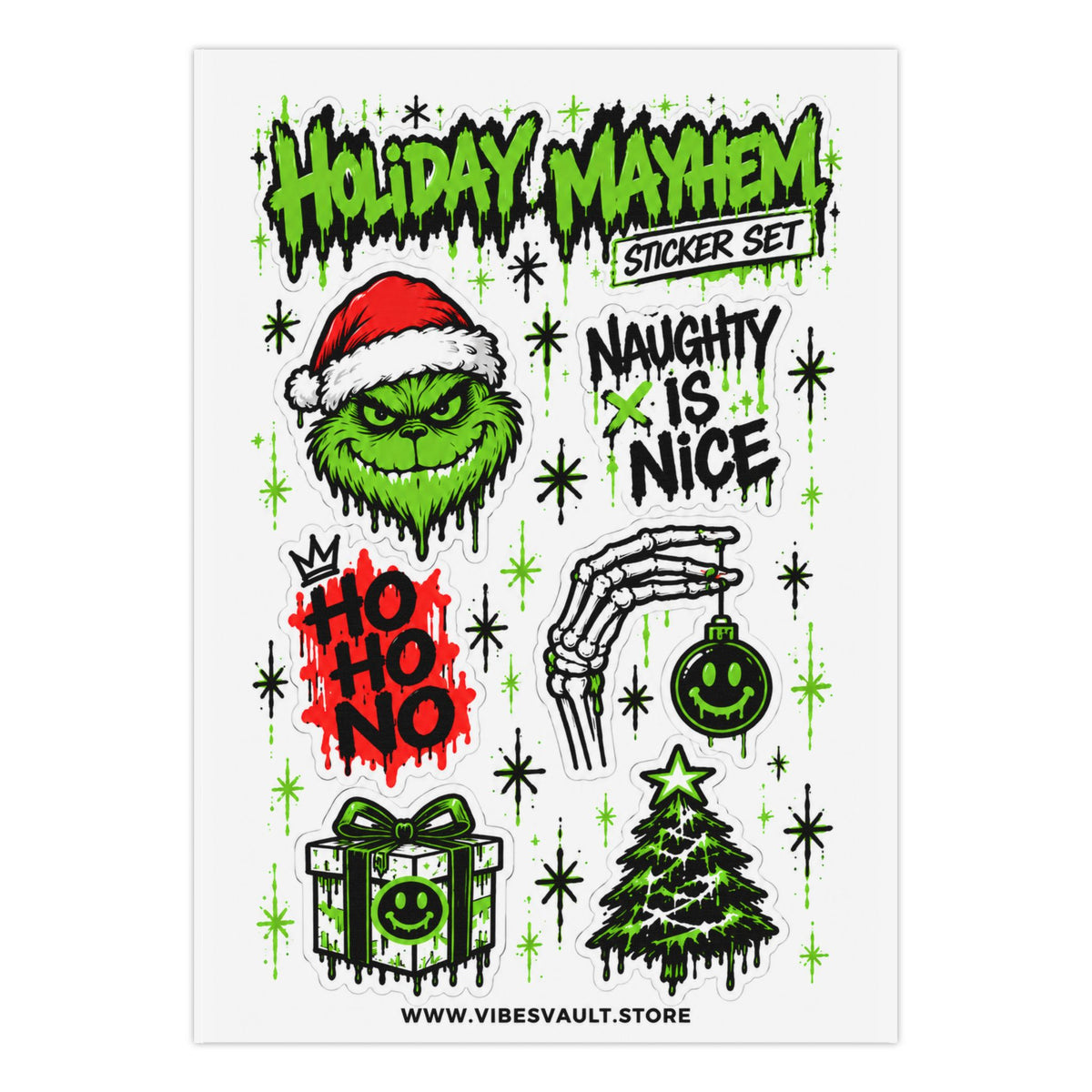 Holiday Mayhem Kiss-Cut Sticker Sheet — 'Naughty Is Nice' Grinch Holiday Decals