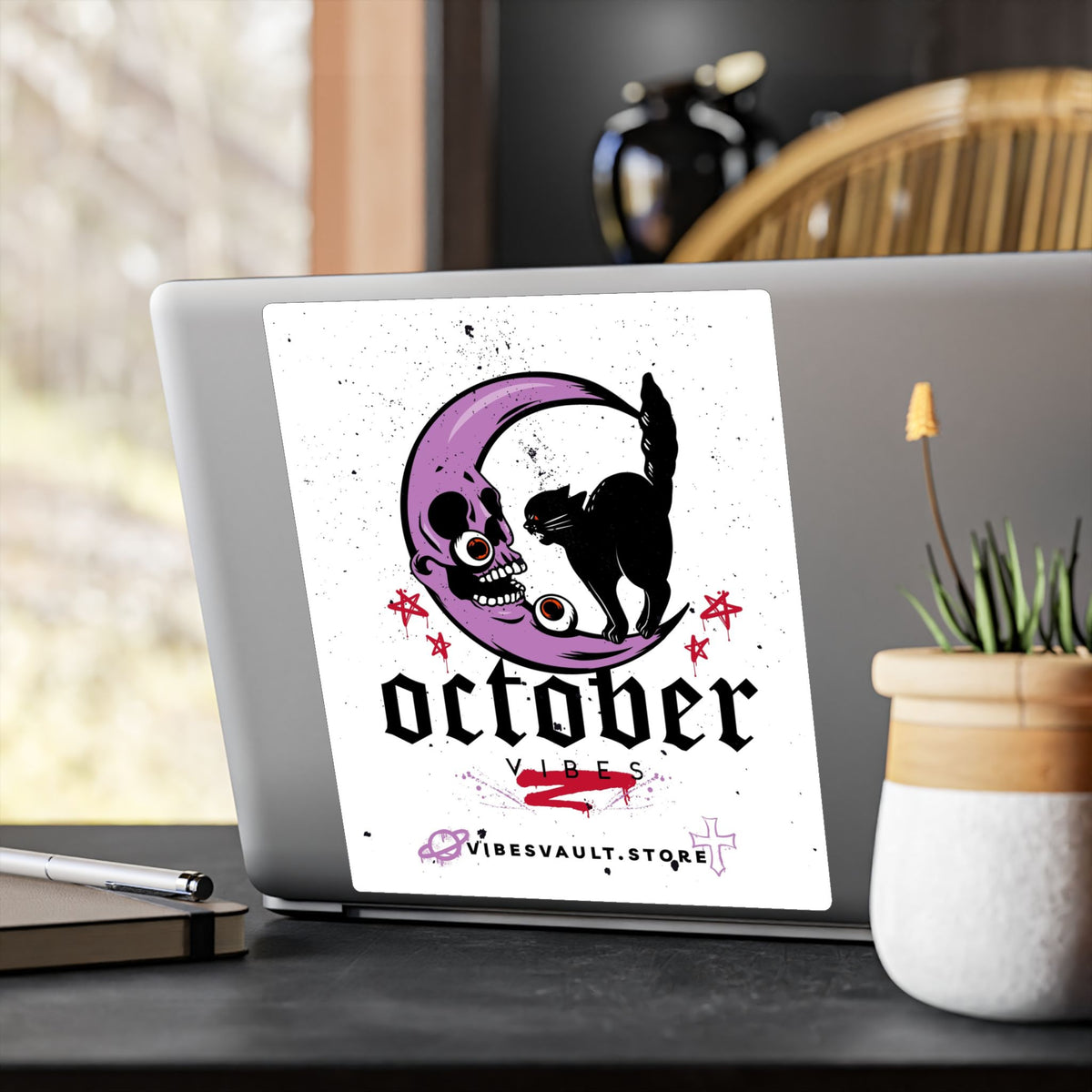 October Vibes Kiss-Cut Vinyl Decal — Halloween Moon Cat Skull Sticker
