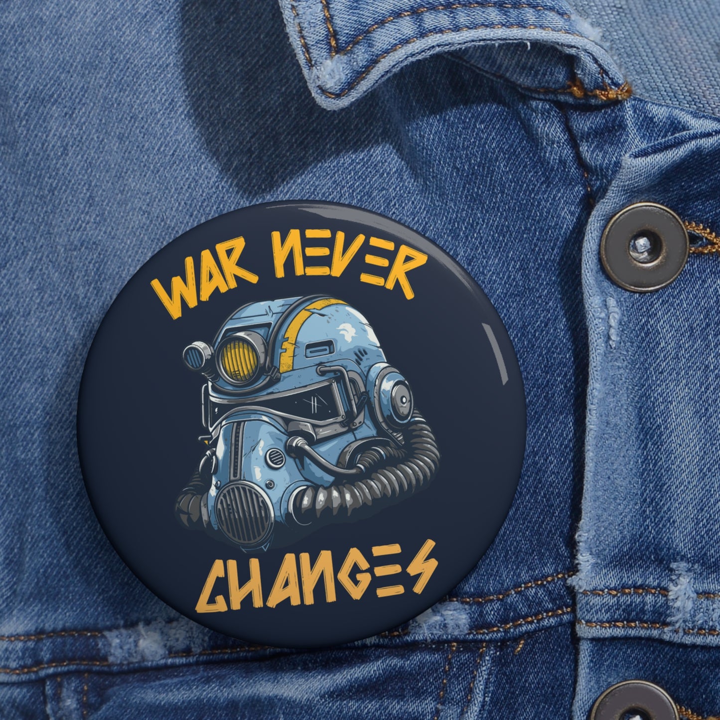 Fallout War Never Changes Pin Button — Retro Post‑Apocalyptic Helmet Badge