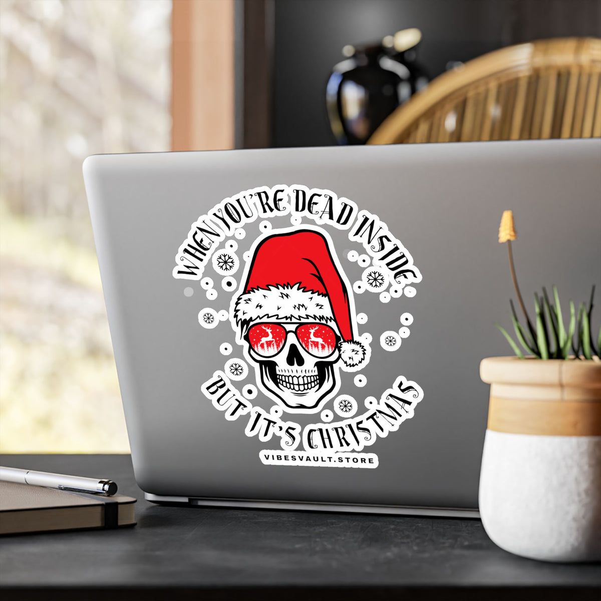 Funny Gothic Christmas Skull Sticker — "When You're Dead Inside But It's Christmas" Vinyl Decal