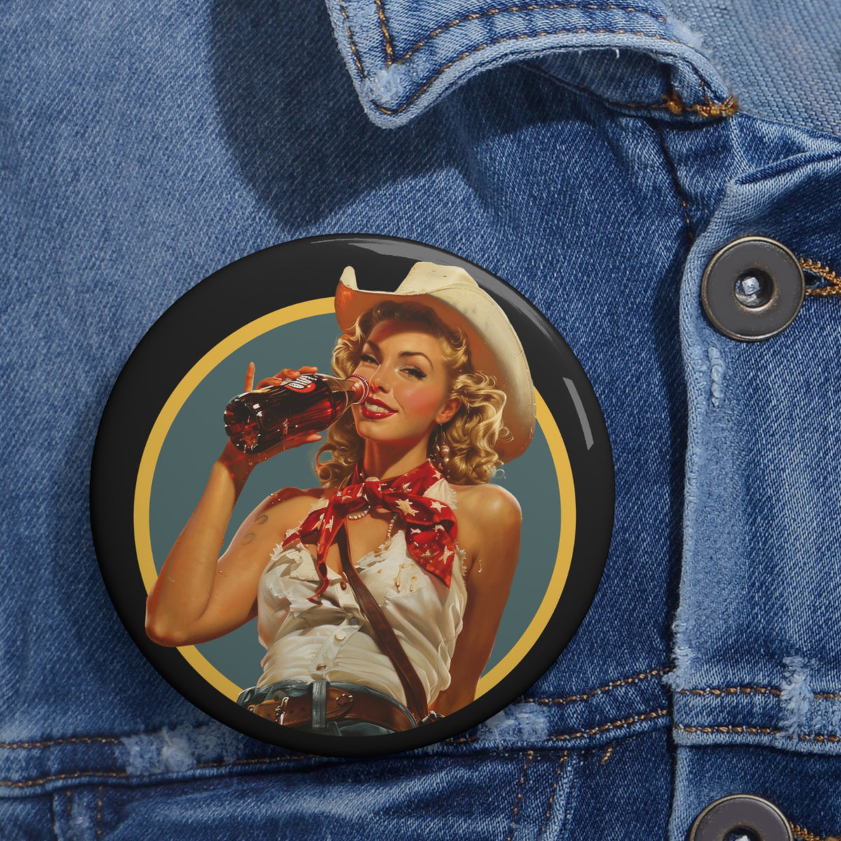 Fallout Nuka Cola Pin-Up Button Pin — Retro Cowgirl Soda Pop Design