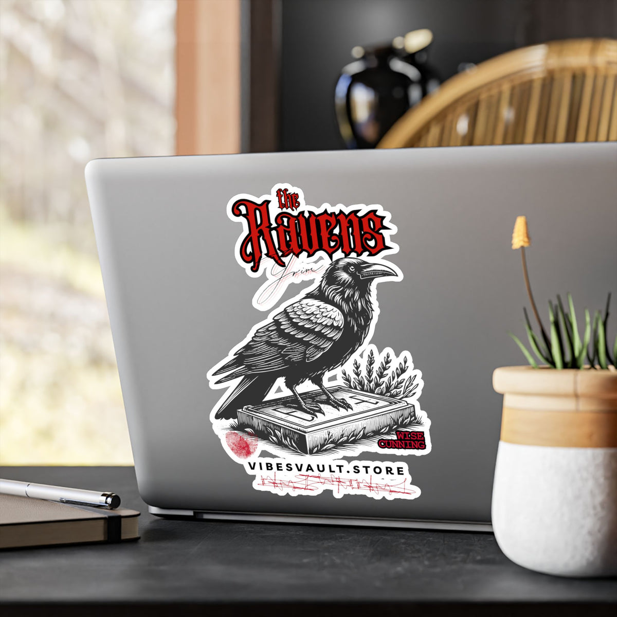 Ravens Kiss-Cut Vinyl Decal — Gothic Crow Sticker with Grim Book Reader