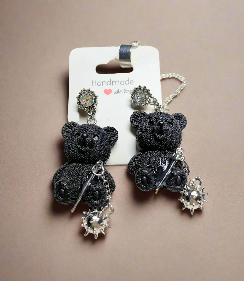 🐻 Black Teddy Bear Stud Earrings with Spikes