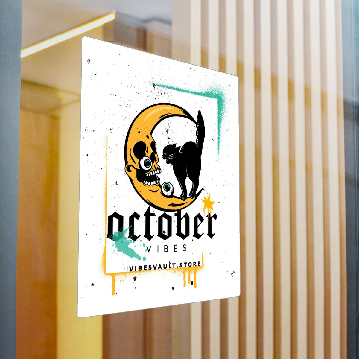 October Vibes Kiss-Cut Vinyl Sticker — Gothic Moon Cat Fall Decal— Halloween 2026