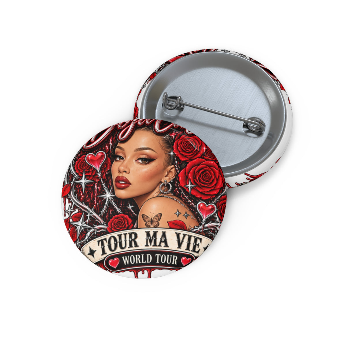 Red Roses Chrome Portrait Custom Pin Buttons