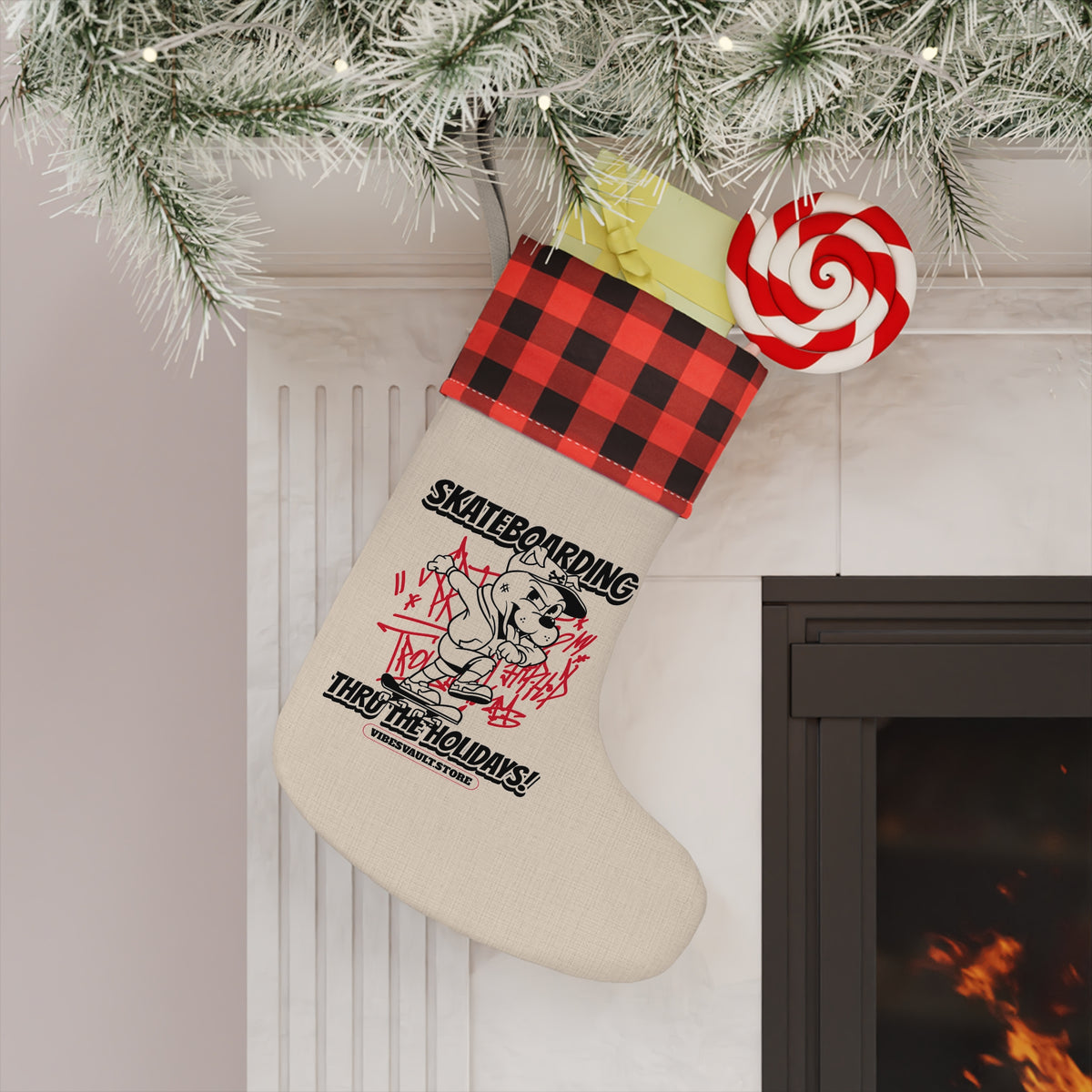 Skateboarding Through the Holidays Christmas Stocking – Red Buffalo Plaid Cuff