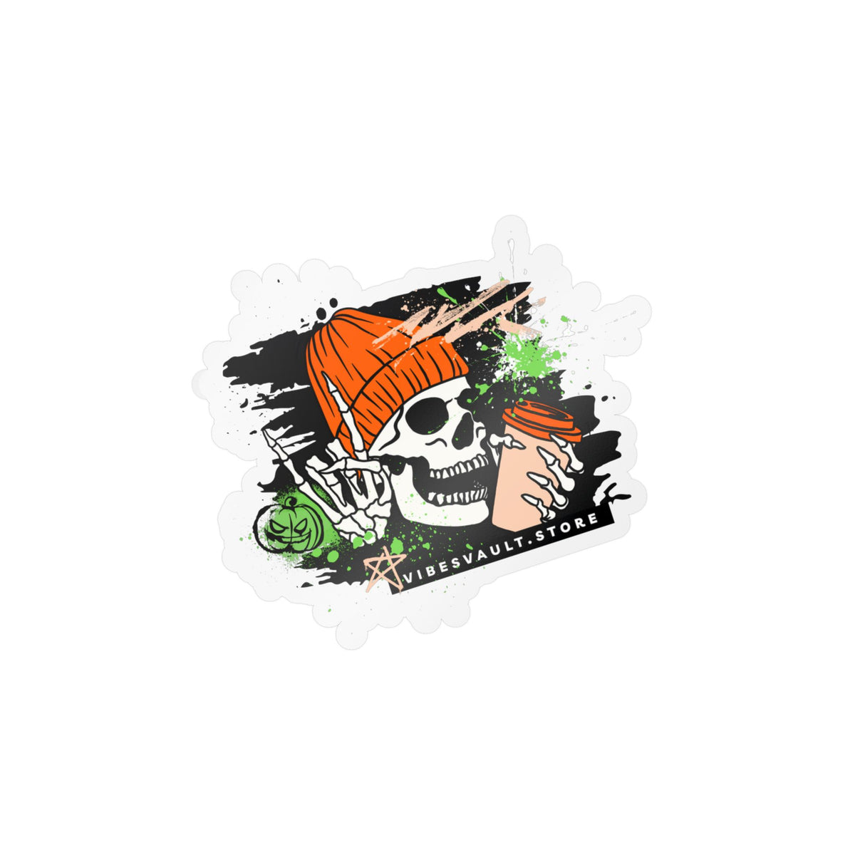 Skull Coffee Sticker — Halloween Skull with Beanie & Pumpkin Kiss-Cut Vinyl Decal— Halloween 2026