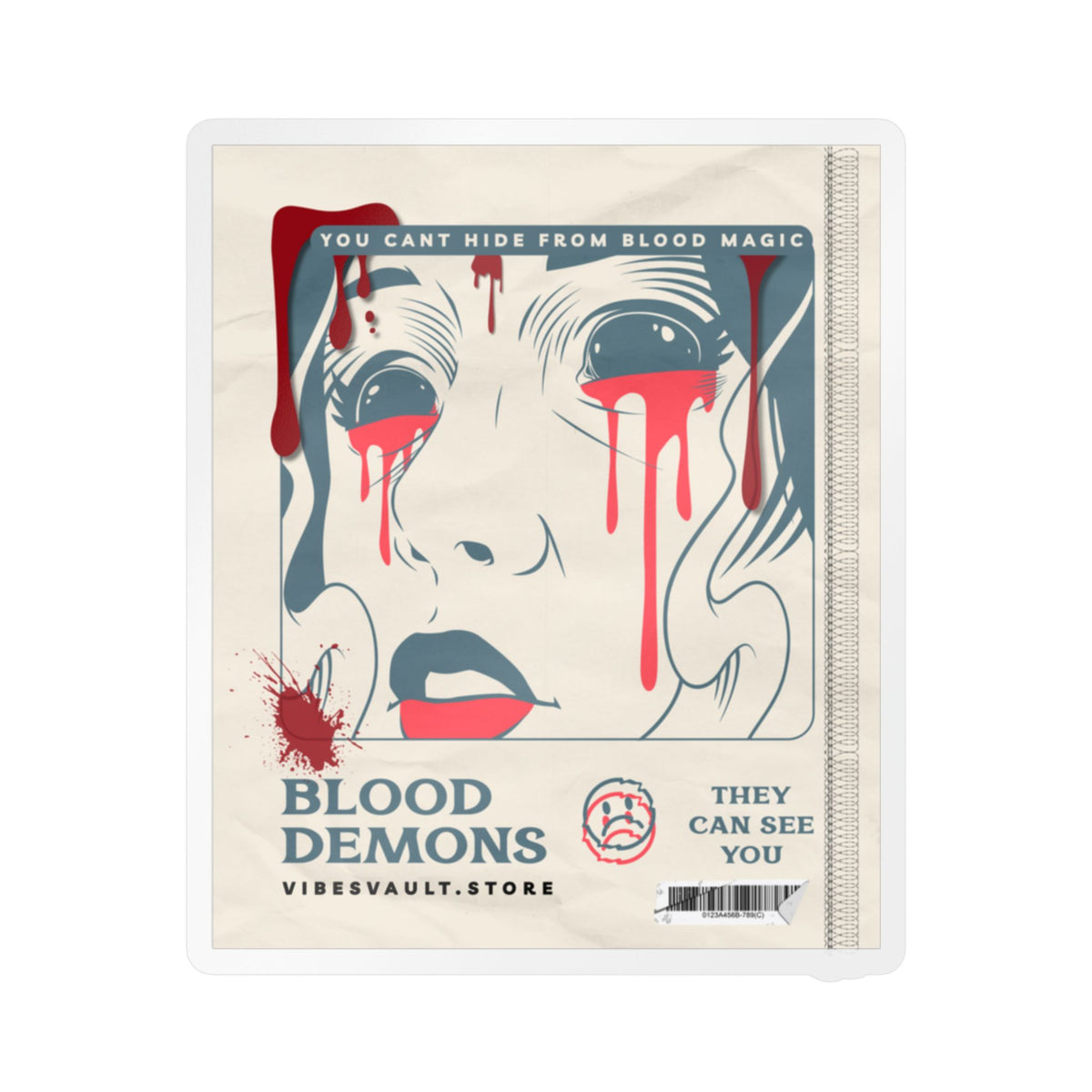 Blood Demons Kiss-Cut Vinyl Decal — Retro Horror Sticker ("You Can't Hide From Blood Magic") — Halloween 2026