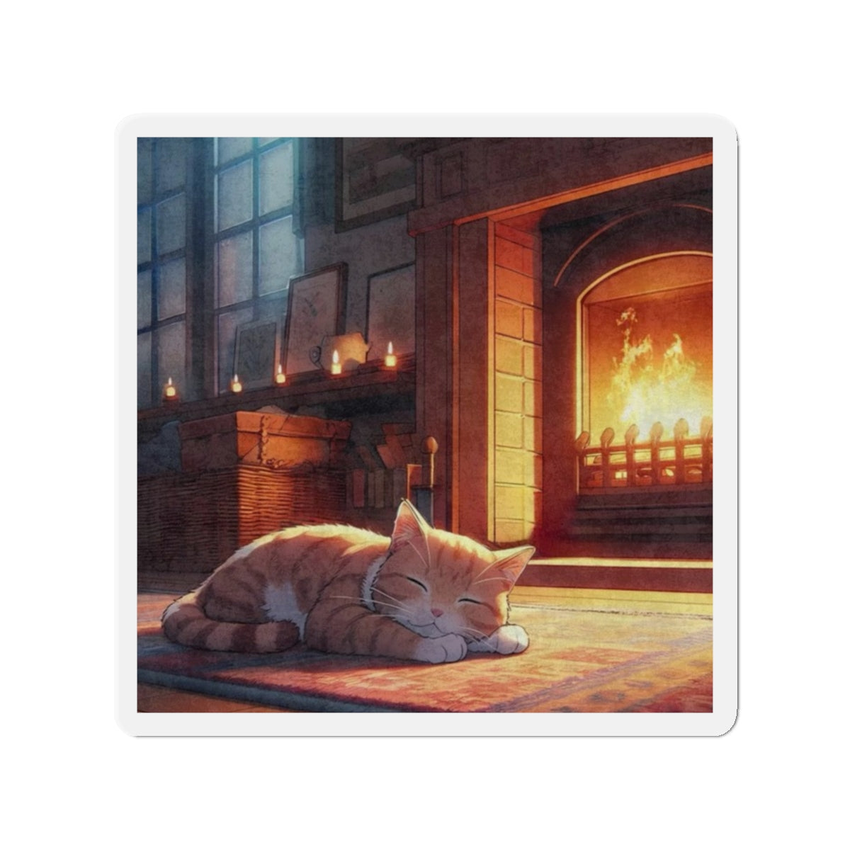 Cozy Fireplace Cat Die-Cut Magnet — Sleeping Kitten Home Décor