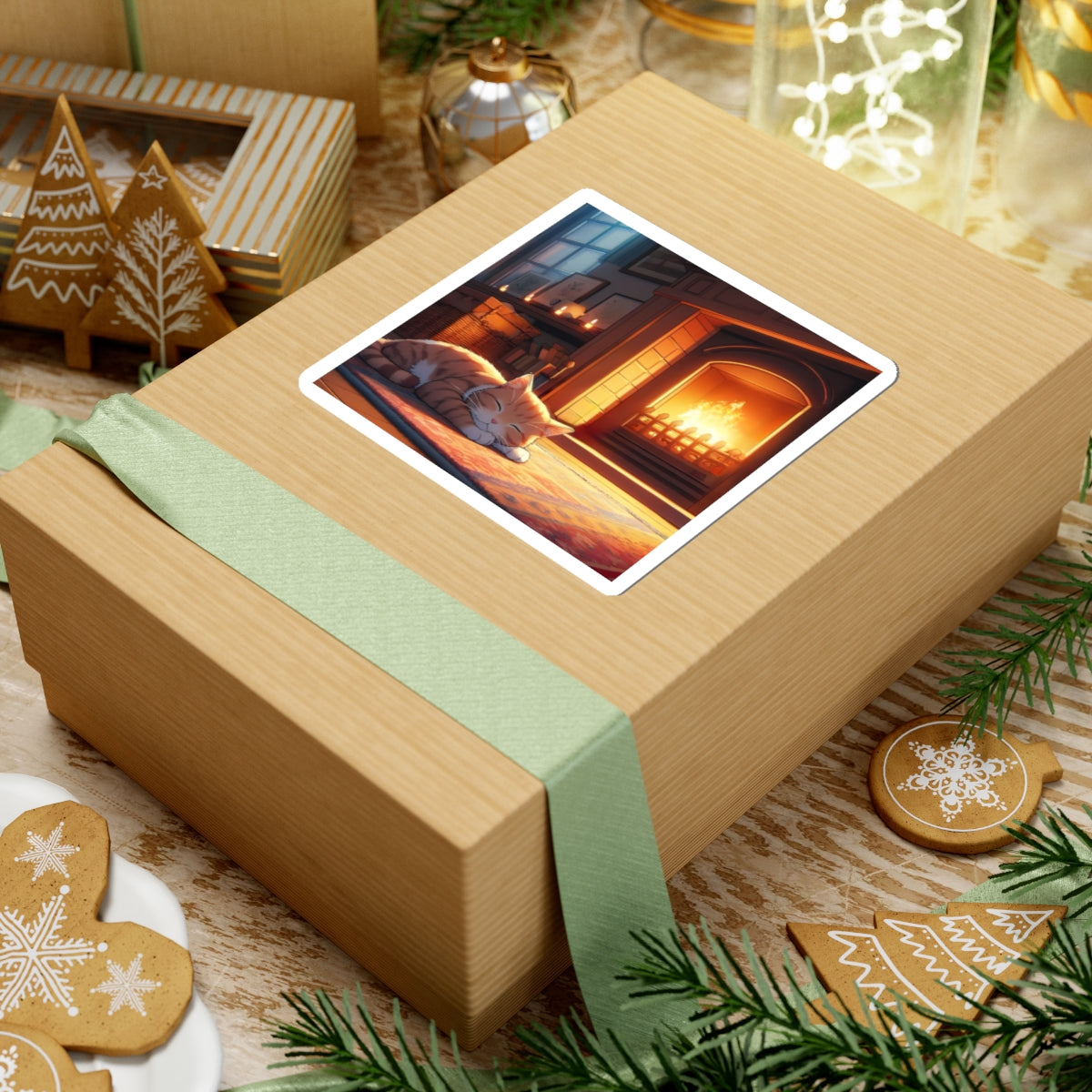 Cozy Fireplace Cat Sticker — Sleepy Tabby by the Hearth (Kiss-Cut)