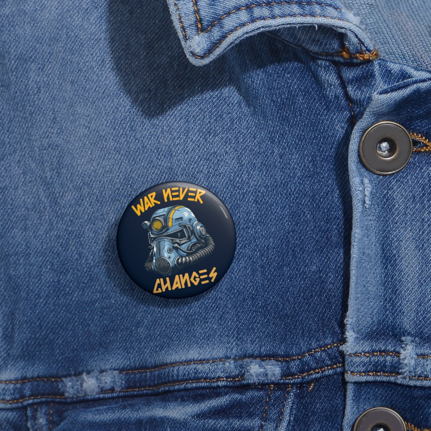 Fallout War Never Changes Pin Button — Retro Post‑Apocalyptic Helmet Badge