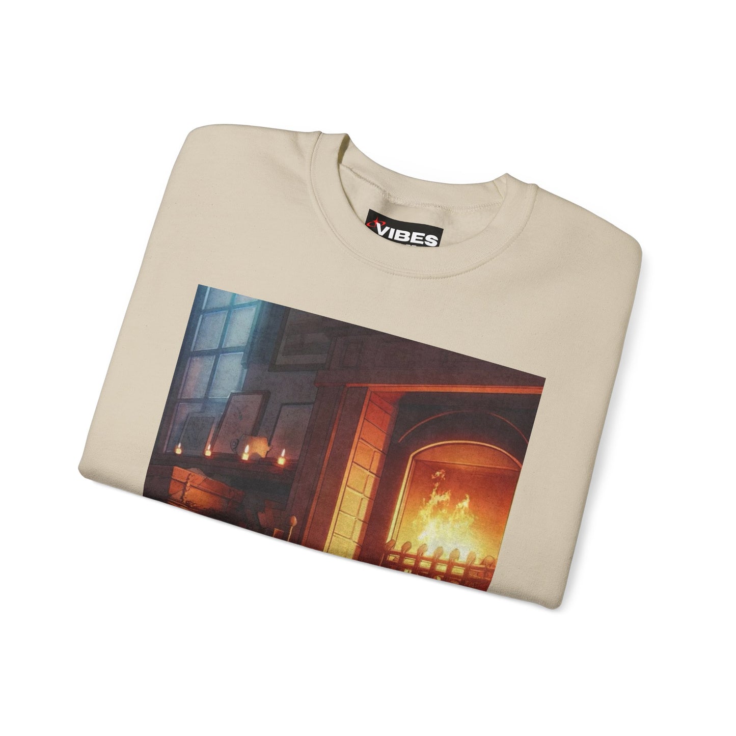 Crewneck Sweatshirt — Cozy Cat by the Fireplace Graphic