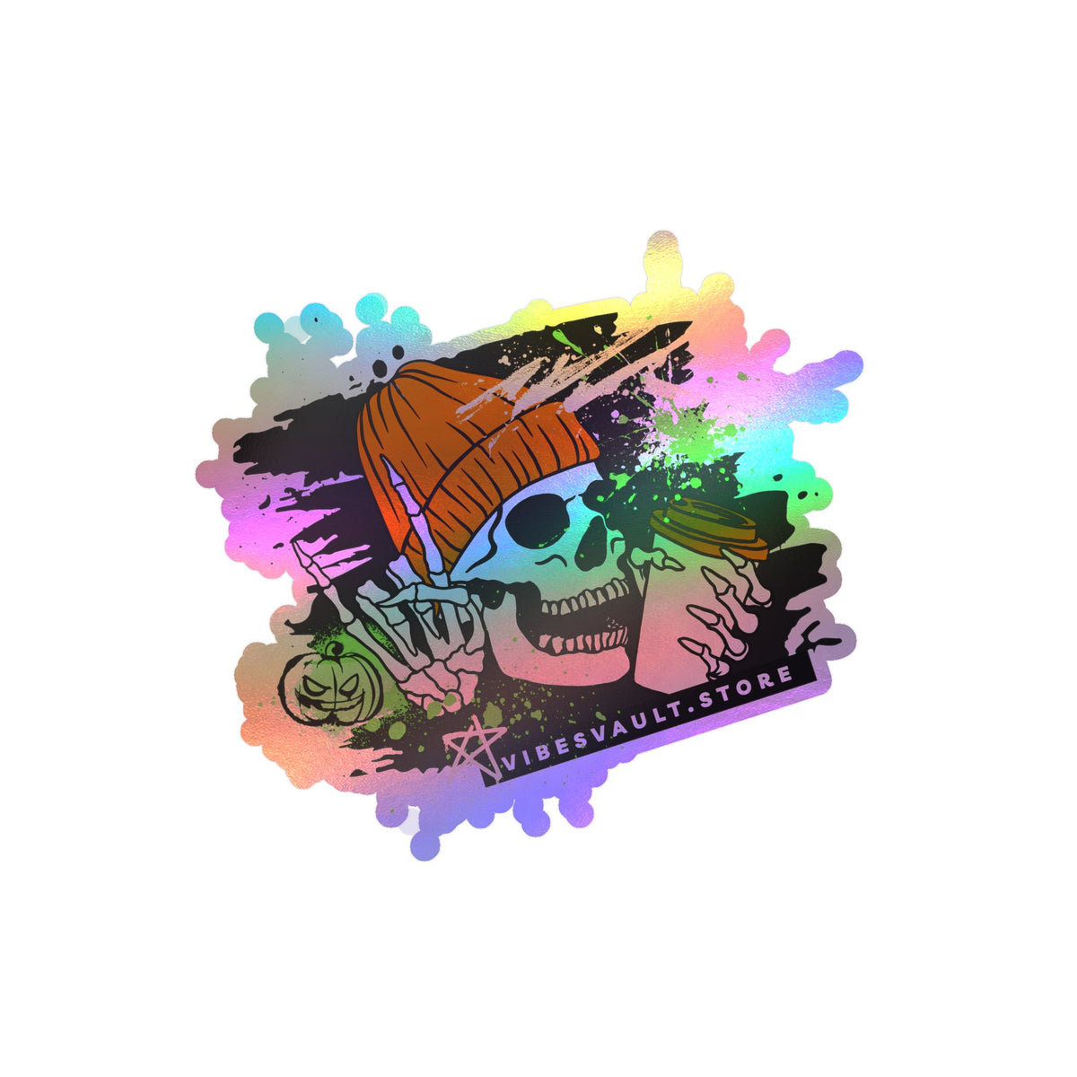 Skull Coffee Sticker — Halloween Skull with Beanie & Pumpkin Kiss-Cut Vinyl Decal— Halloween 2026
