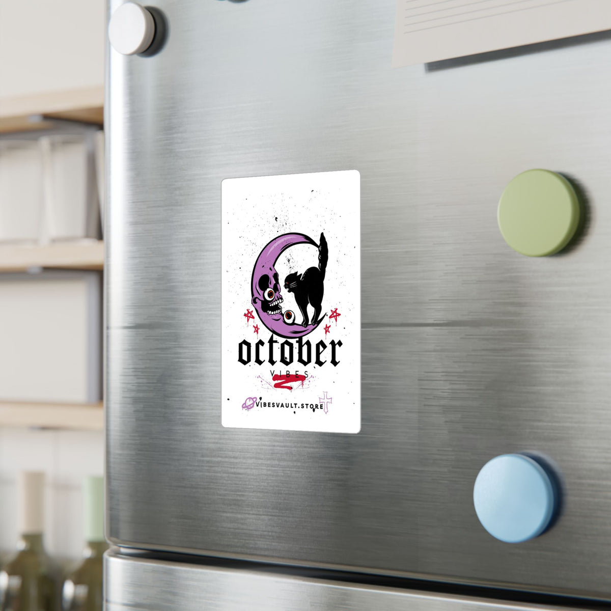 October Vibes Kiss-Cut Vinyl Decal — Halloween Moon Cat Skull Sticker