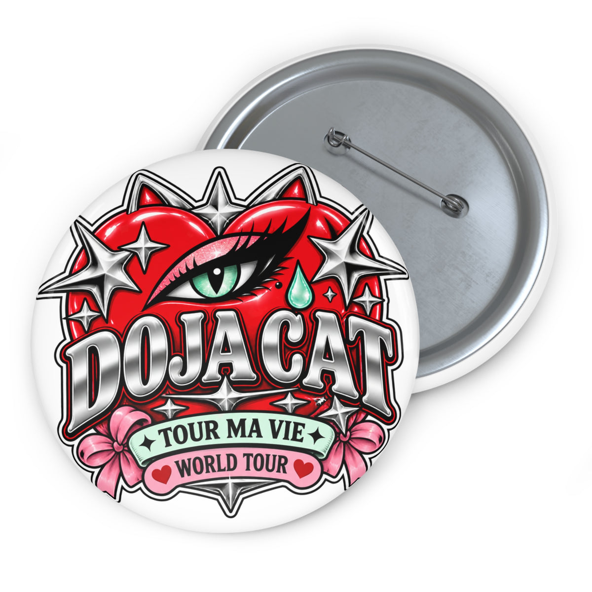 Red Heart Chrome Eye Custom Pin Buttons