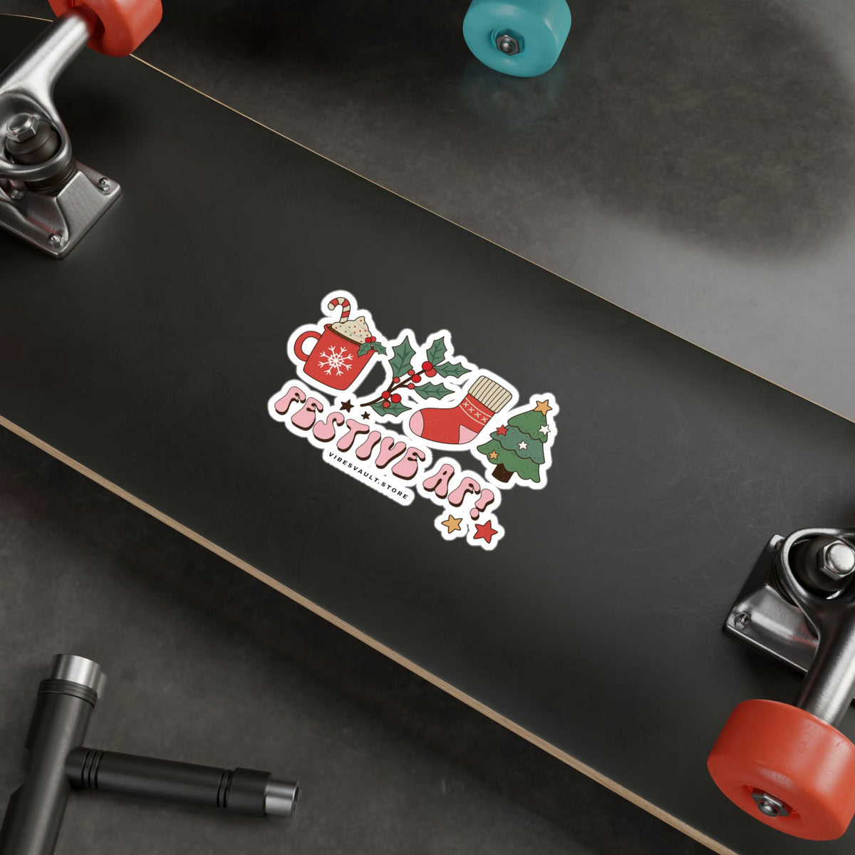 Christmas Sticker Festive AF — Holiday Kiss-Cut Vinyl Decals (Mug, Stocking, Holly & Tree)