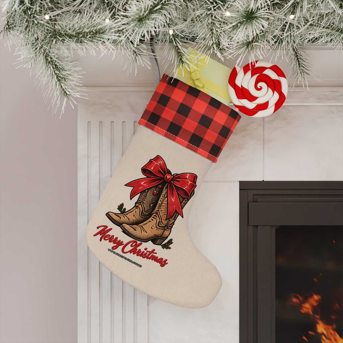 Cowboy Boots Christmas Stocking — Buffalo Plaid Cuff, "Merry Christmas"