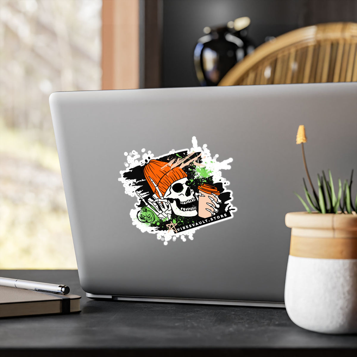 Skull Coffee Sticker — Halloween Skull with Beanie & Pumpkin Kiss-Cut Vinyl Decal— Halloween 2026