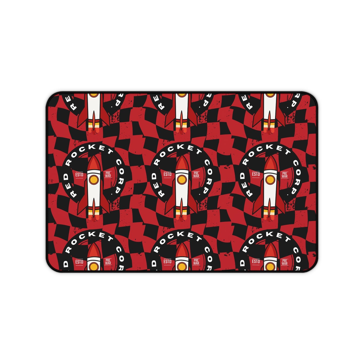 Red Rocket Desk Mat — Bold Checkered Rocket Mousepad for Gamers & Workspace