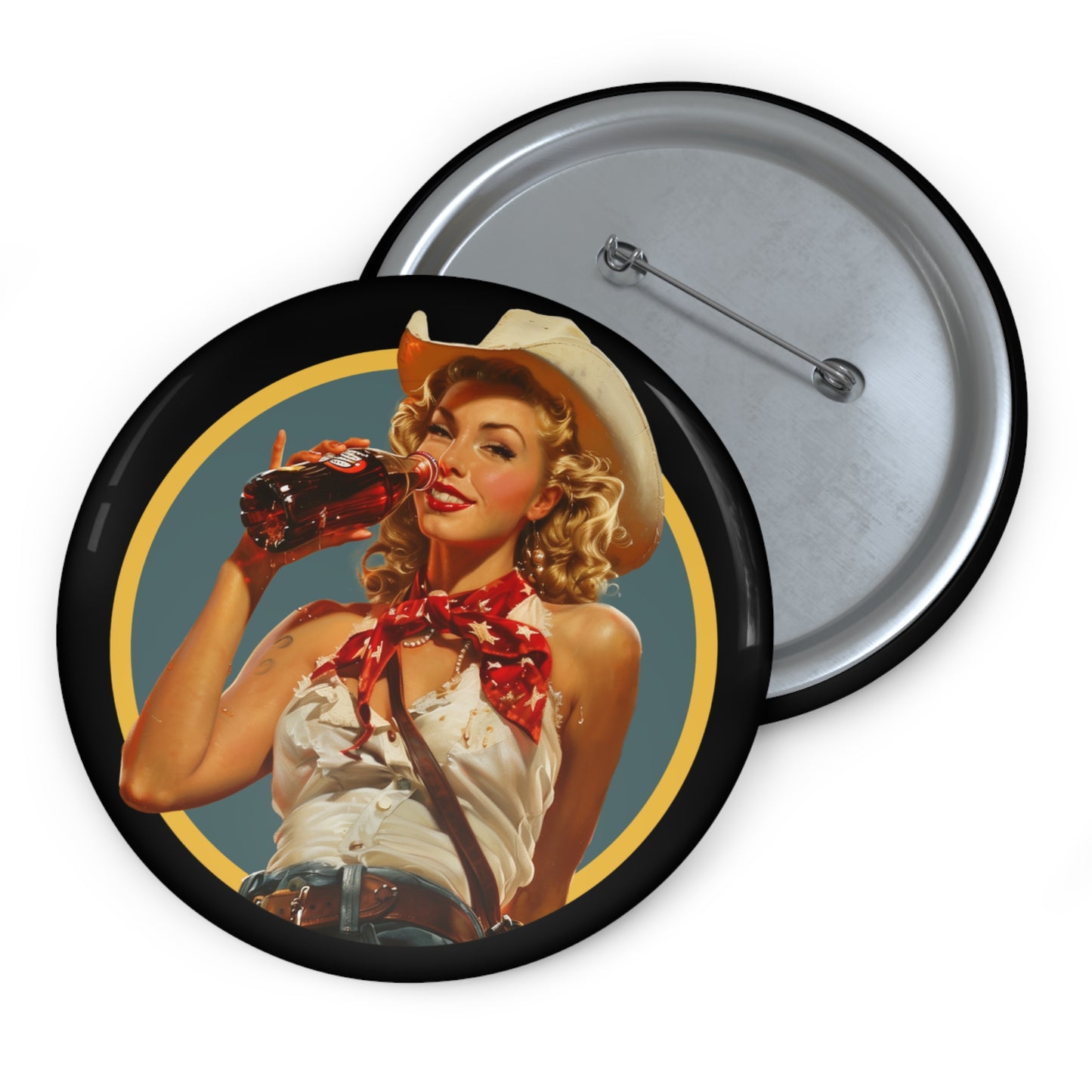 Fallout Nuka Cola Pin-Up Button Pin — Retro Cowgirl Soda Pop Design