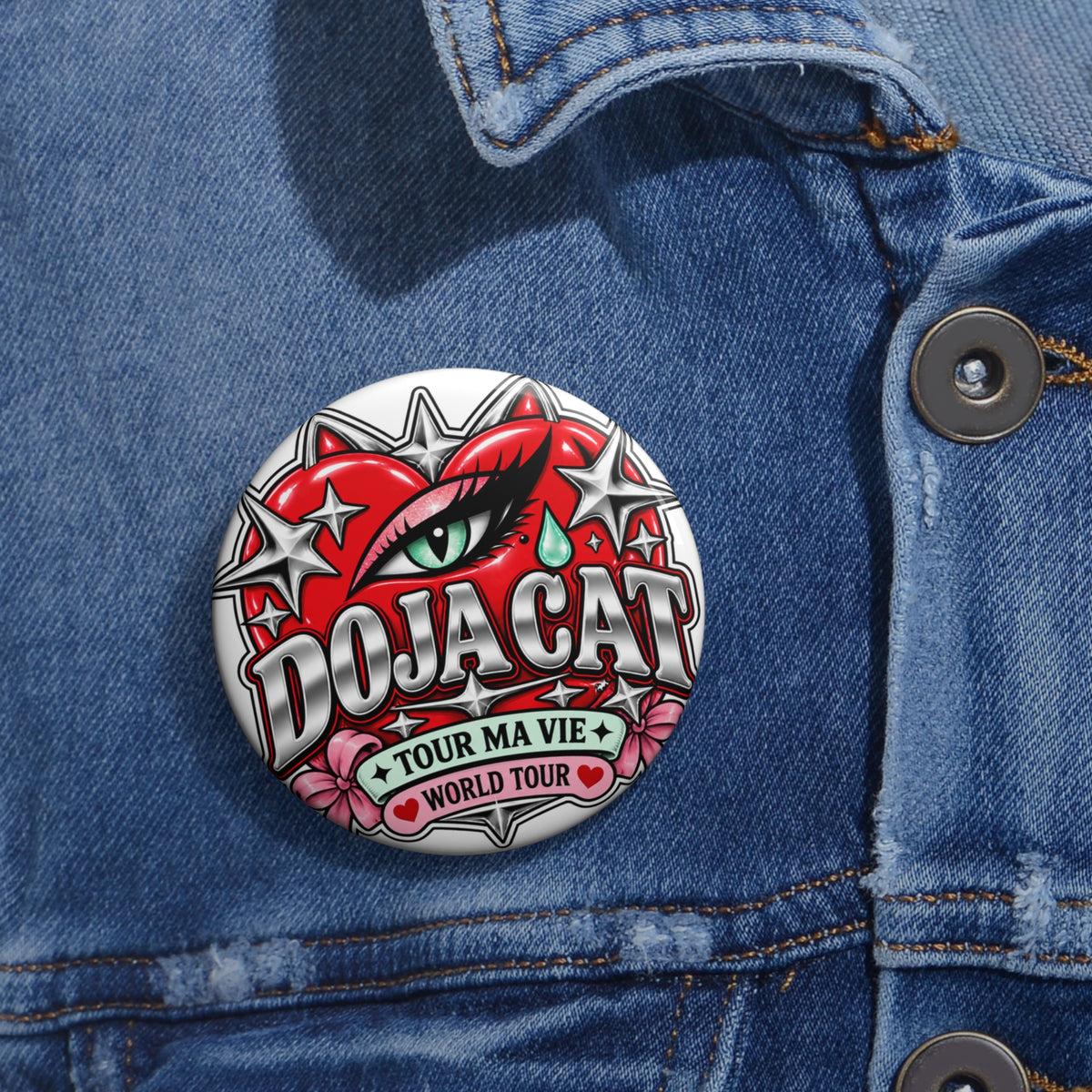 Red Heart Chrome Eye Custom Pin Buttons