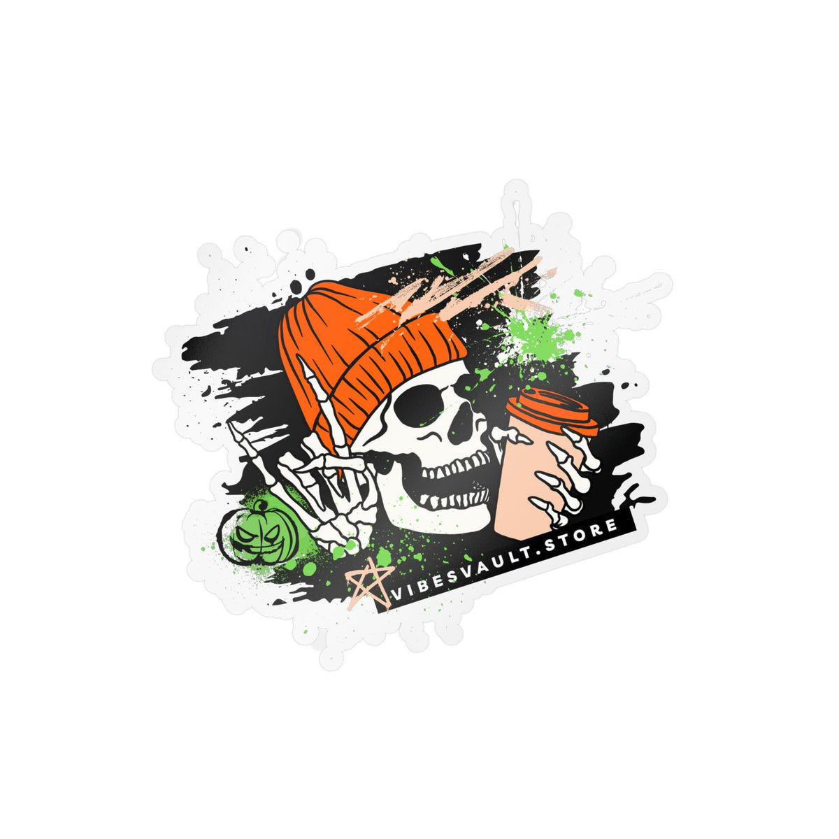Skull Coffee Sticker — Halloween Skull with Beanie & Pumpkin Kiss-Cut Vinyl Decal— Halloween 2026
