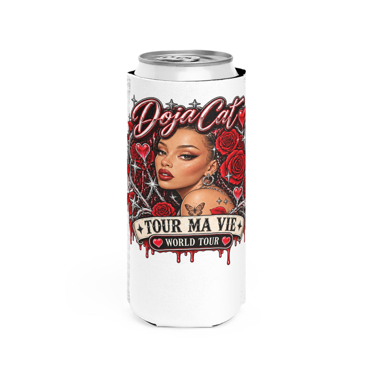 Red Roses Chrome Portrait Slim Can Cooler