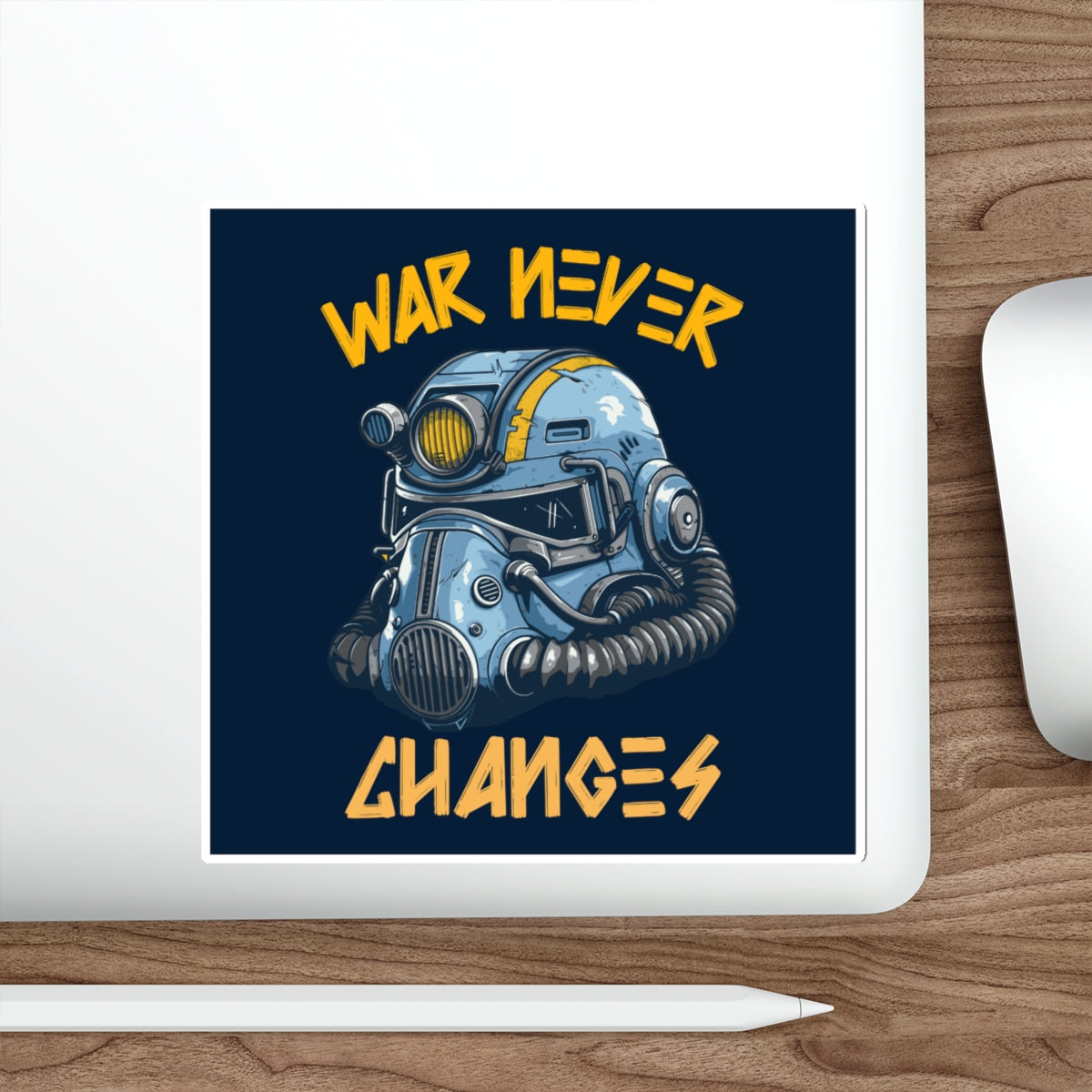 Die-Cut Sticker — Fallout Retro Power Armor Helmet with “War Never Changes” Quote