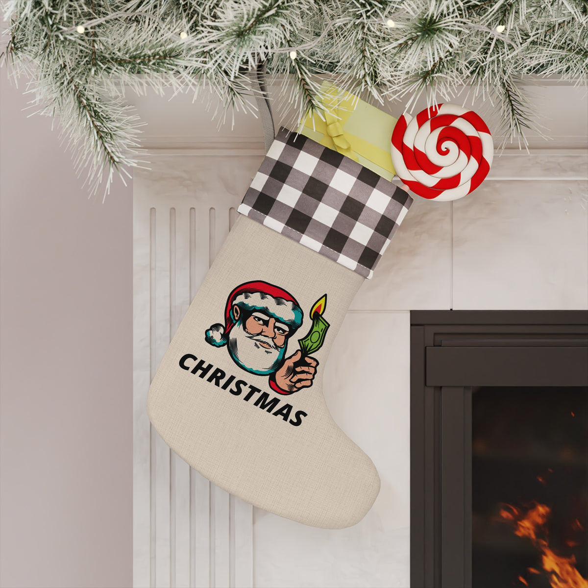 HOLIDAY Santa Burning Money Christmas Stocking