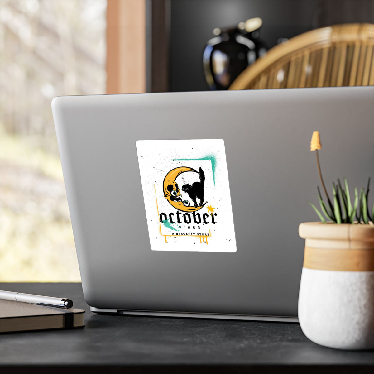 October Vibes Kiss-Cut Vinyl Sticker — Gothic Moon Cat Fall Decal— Halloween 2026