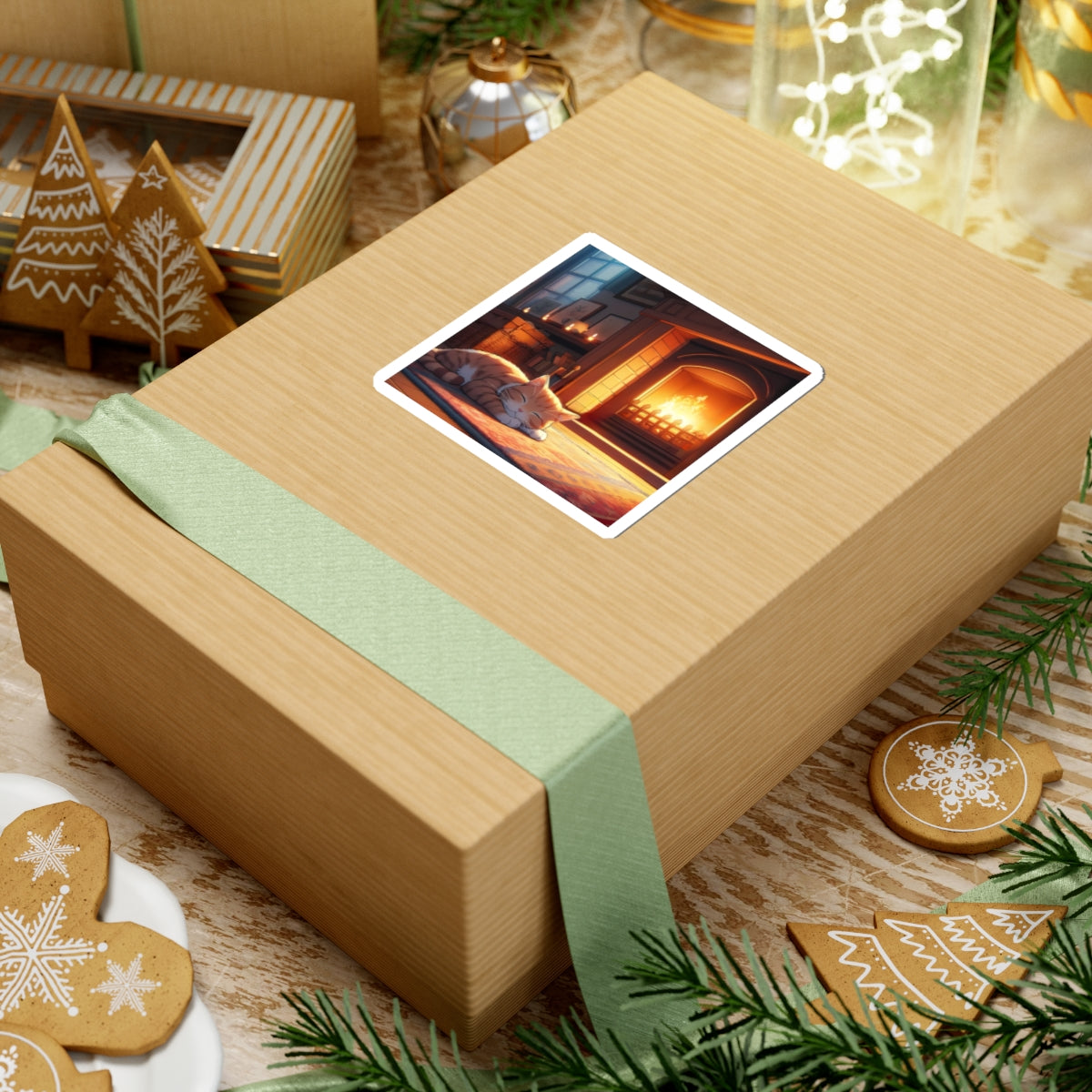 Cozy Fireplace Cat Sticker — Sleepy Tabby by the Hearth (Kiss-Cut)
