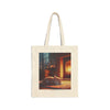 Cozy Fireplace Cat Canvas Tote Bag — 'I Could Stay Here' Autumn Bookbag