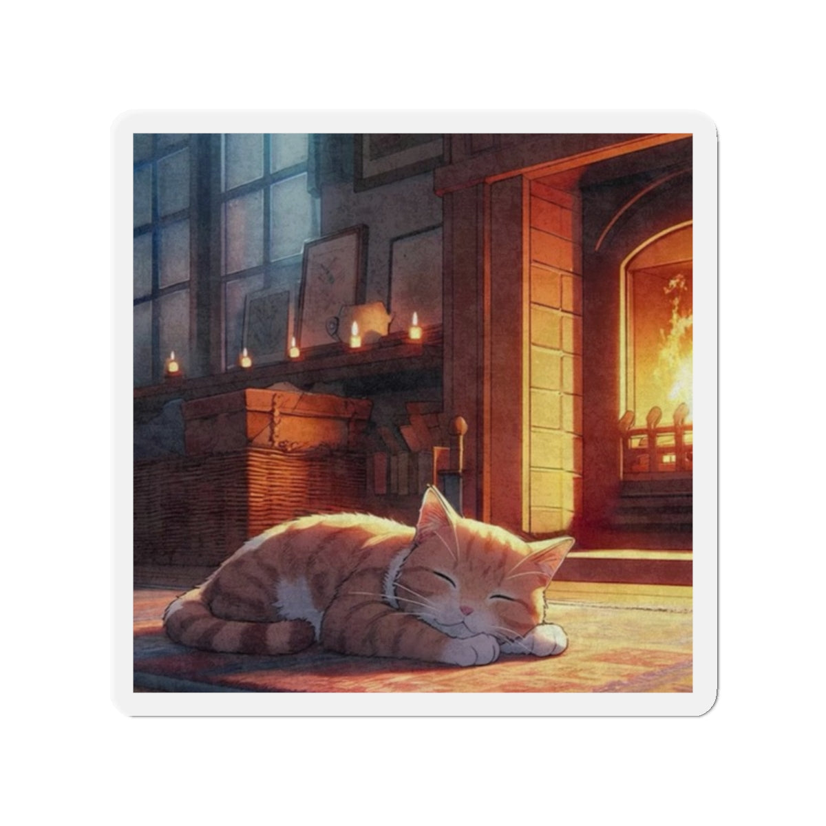 Cozy Fireplace Cat Die-Cut Magnet — Sleeping Kitten Home Décor