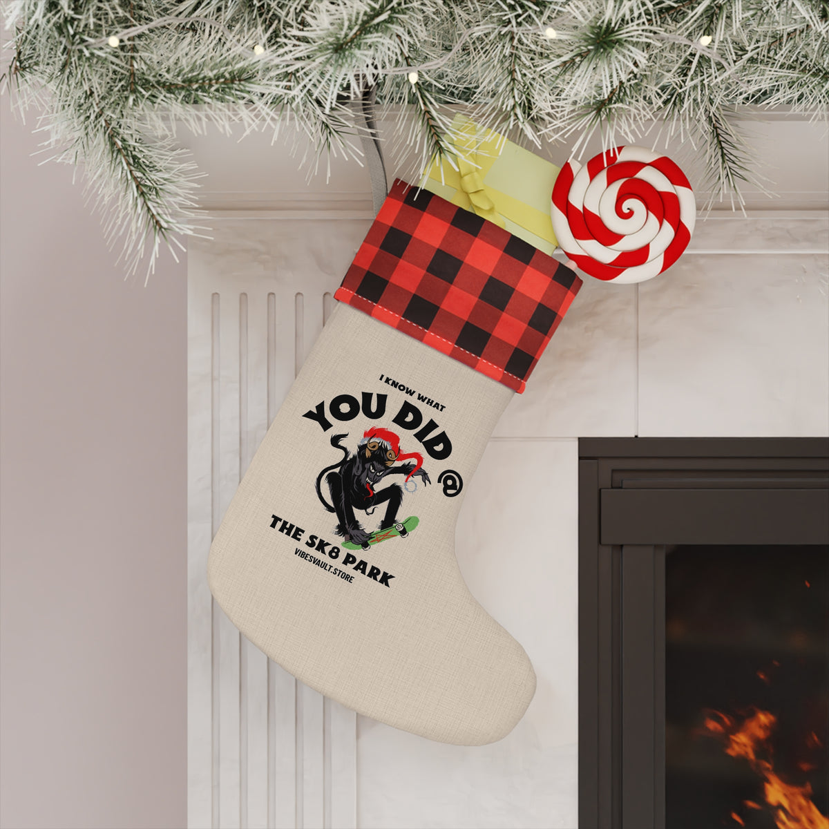 Skatepark Santa Christmas Stocking - 'You Did @ The SK8 Park' Plaid Cuff Holiday Stocking