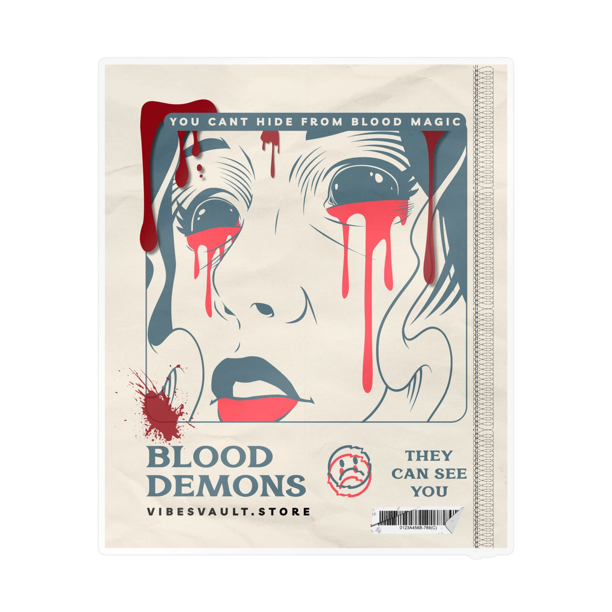 Blood Demons Kiss-Cut Vinyl Decal — Retro Horror Sticker ("You Can't Hide From Blood Magic") — Halloween 2026