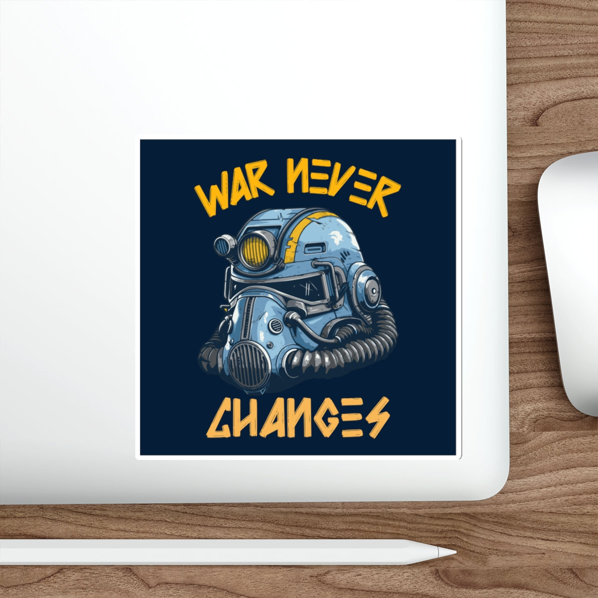 Die-Cut Sticker — Fallout Retro Power Armor Helmet with “War Never Changes” Quote