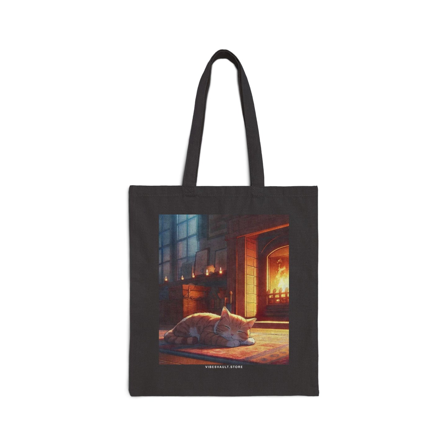 Cozy Fireplace Cat Canvas Tote Bag — 'I Could Stay Here' Autumn Bookbag