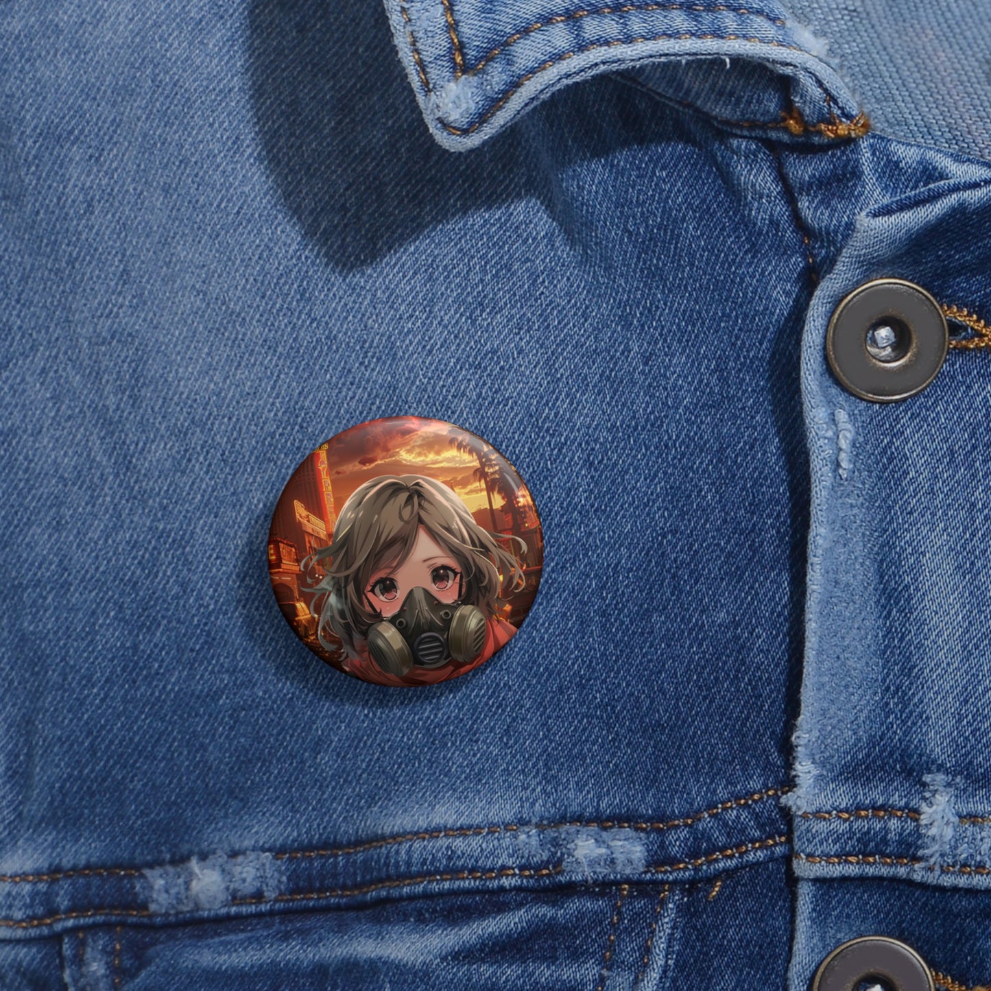 Anime Girl Gas Mask Pin Button — Fallout Post-Apocalyptic Cute Badge