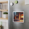 Cozy Fireplace Cat Die-Cut Magnet — Sleeping Kitten Home Décor