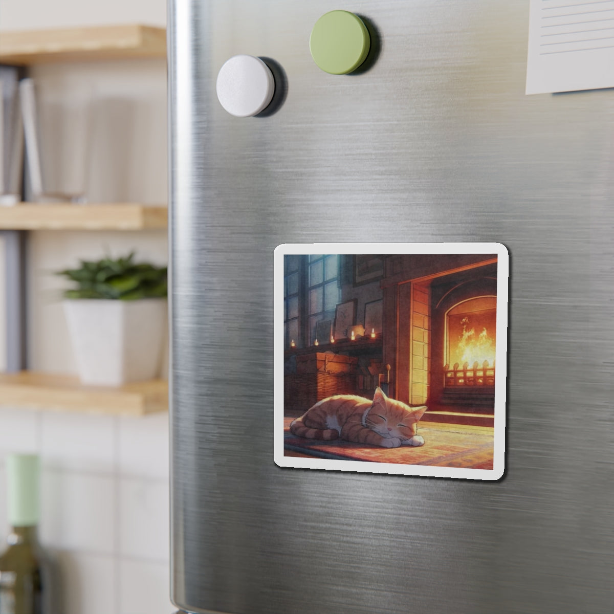 Cozy Fireplace Cat Die-Cut Magnet — Sleeping Kitten Home Décor
