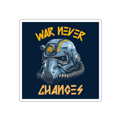 Die-Cut Sticker — Fallout Retro Power Armor Helmet with “War Never Changes” Quote