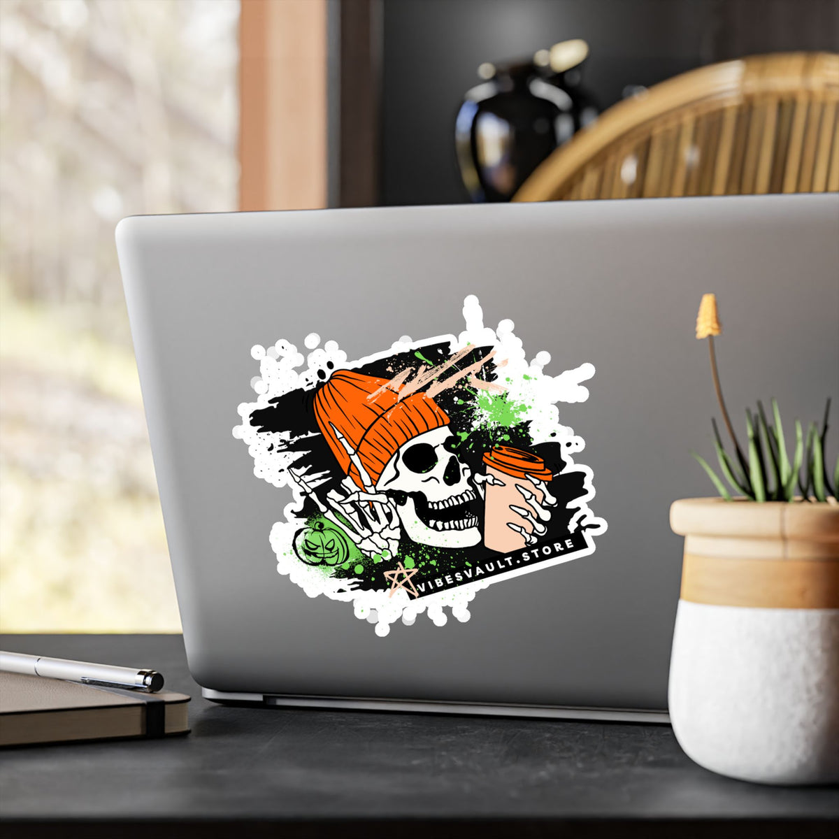 Skull Coffee Sticker — Halloween Skull with Beanie & Pumpkin Kiss-Cut Vinyl Decal— Halloween 2026